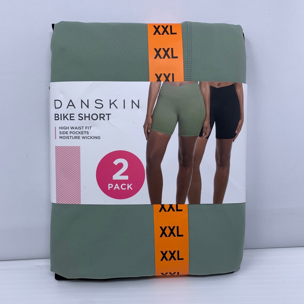 Danskin Womens XXL Black Green High Waist Side Pocket 2 Pack Bike Shorts NWT